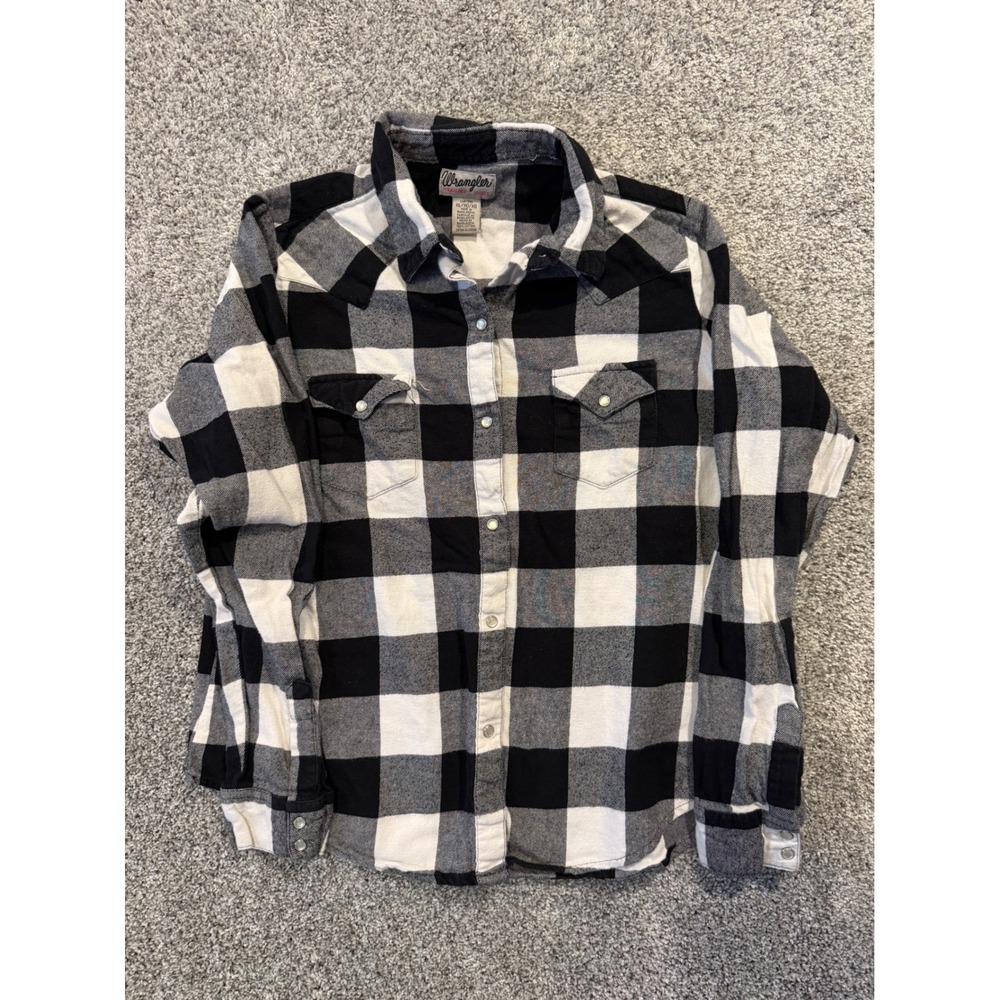 Wrangler Western Plaid Flannel‎ Shirt Womens XL Black White Long Sleeve
